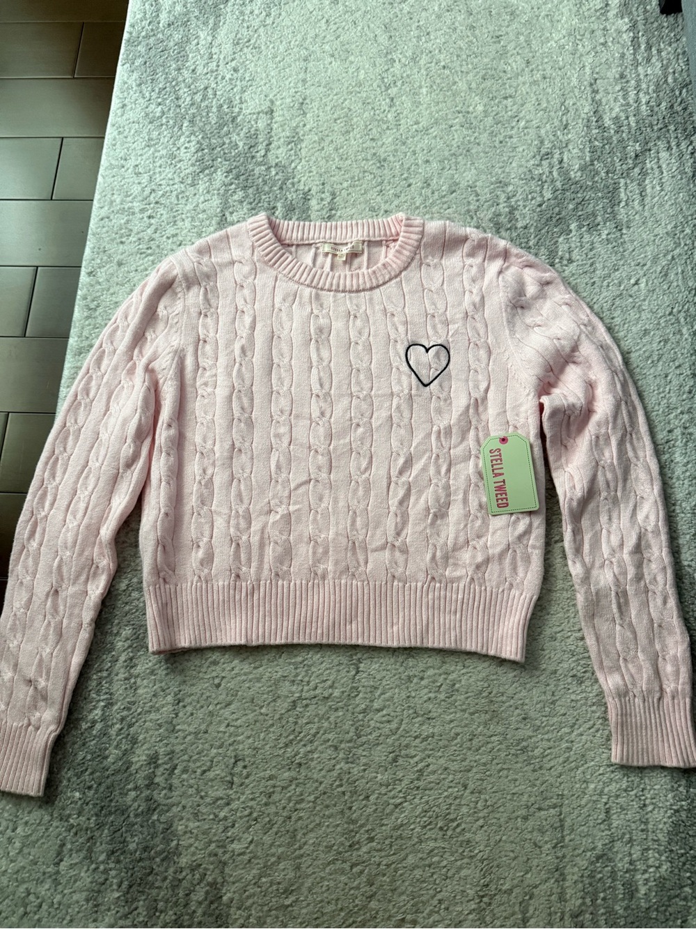 Stella Tweed Light Pink Cable Knit Crewneck Sweater with Heart Patch